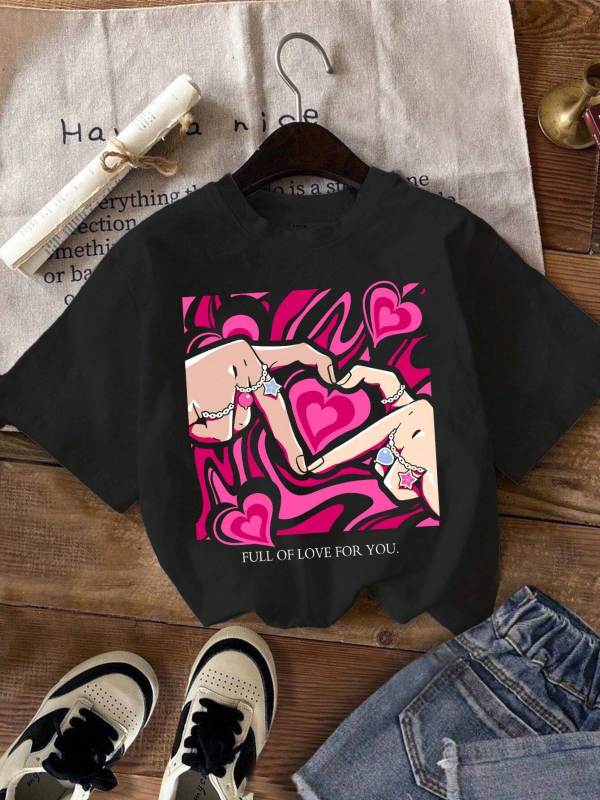 [Трансграничен европейски код] Мъжка ежедневна тениска с къс ръкав в стил Ins, лятна, с любовен жест на сърце, Harajuku