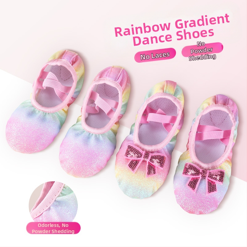 Детски танцови обувки за момичета, балетни обувки с мека подметка, детски китайски танцови обувки с пайети и дъгови градиентни котешки нокти