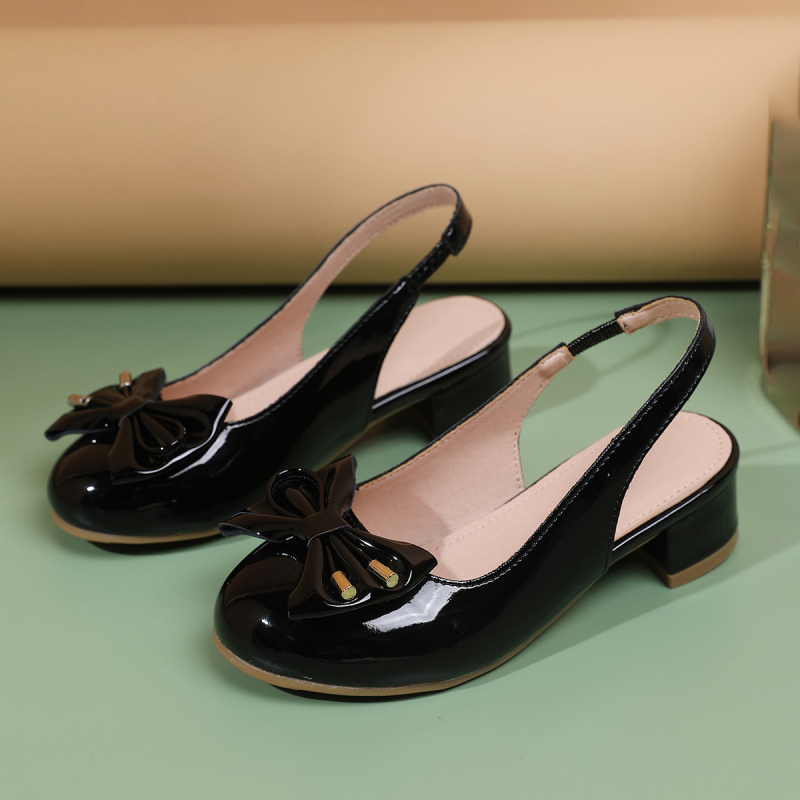 2025 Детски високи токчета Летни нови момичешки обувки в корейски стил с кръгли пръсти, малки момичета с панделка назад, кожени обувки за принцеси