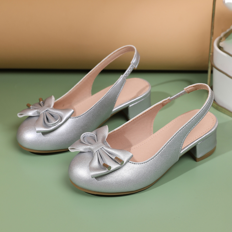 2025 Детски високи токчета Летни нови момичешки обувки в корейски стил с кръгли пръсти, малки момичета с панделка назад, кожени обувки за принцеси