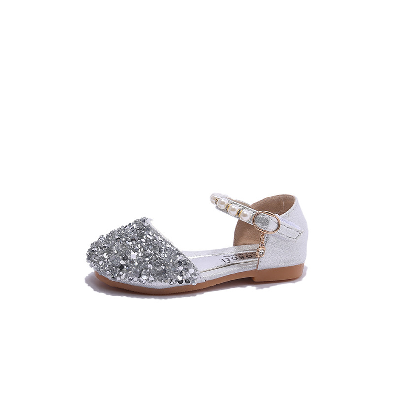 Детски обувки 2024 лято нови момичета кристали перлени принцесни обувки за малки момичета полусандали с плосък ток на едро поколение