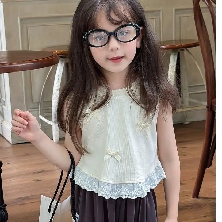 2025 Novi stil djevojačkog prsluka, gornja odjeća, ljetni stil, plava čipkasta ljetna haljina s mašnom, dječji top bez rukava za žene