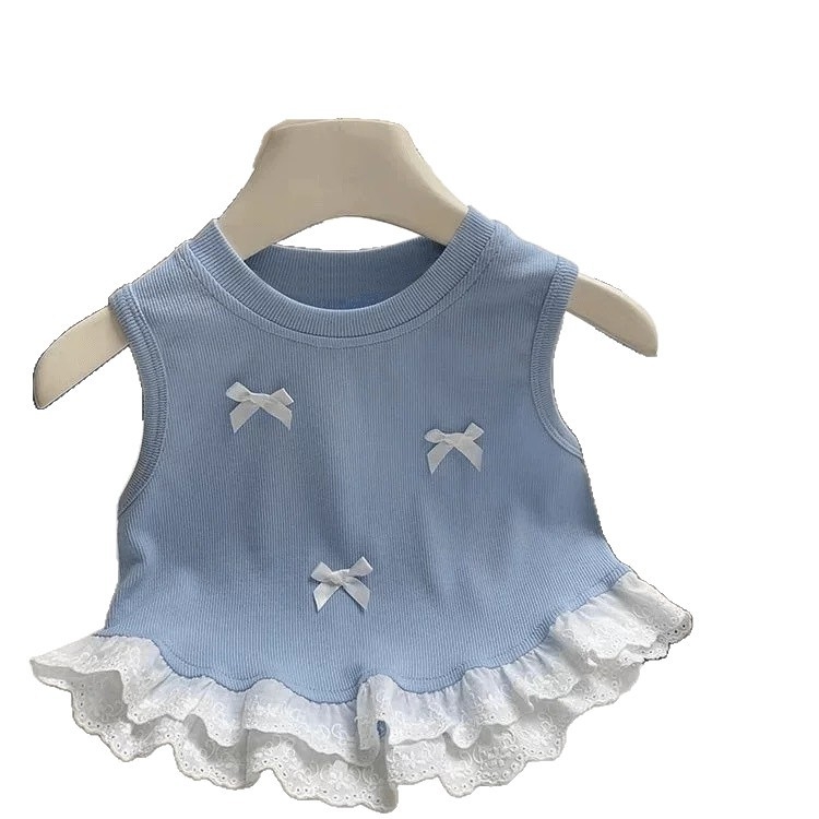 2025 Novi stil djevojačkog prsluka, gornja odjeća, ljetni stil, plava čipkasta ljetna haljina s mašnom, dječji top bez rukava za žene