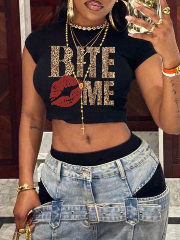 Дамско облекло от трансграничен пазар AliExpress ebay Най-продавани персонализирани букви с лозунг BITE ME, принт с пеперуда и пъп, с къс ръкав