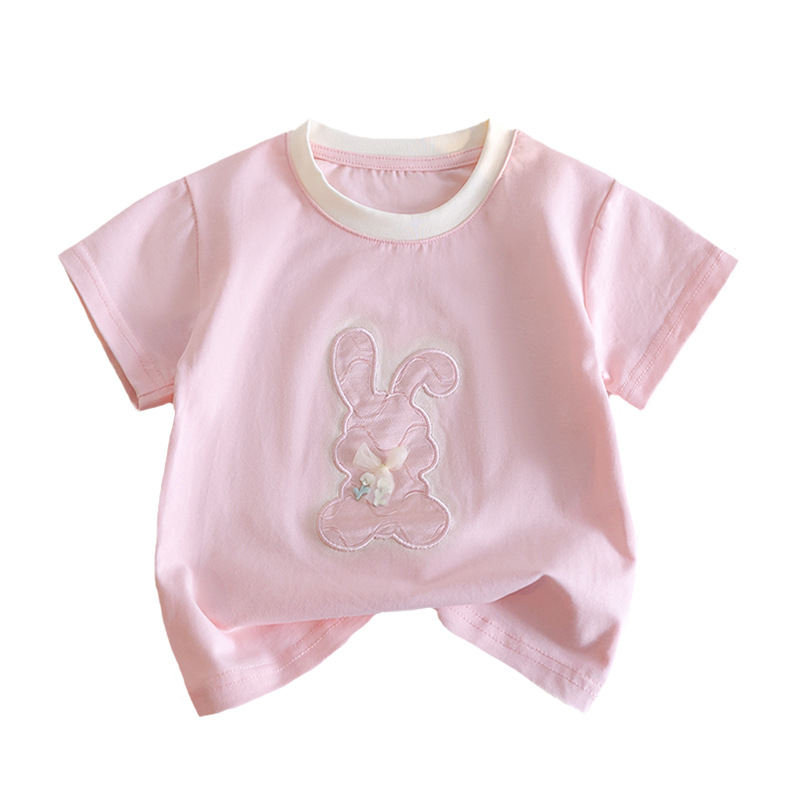 Тениска с къс ръкав за момичета, лято 2025, нова, с анимационен триизмерен топ със зайче, сладка панделка, универсален топ, модерен 3 броя