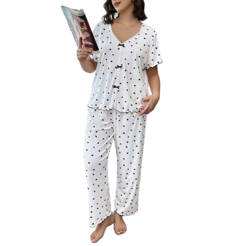 2025 Европейски и американски трансгранични горещо продавани домашни дрехи с панталон с къс ръкав и V-образно деколте с принт на сърце, който може да се носи навън за пълни мъже