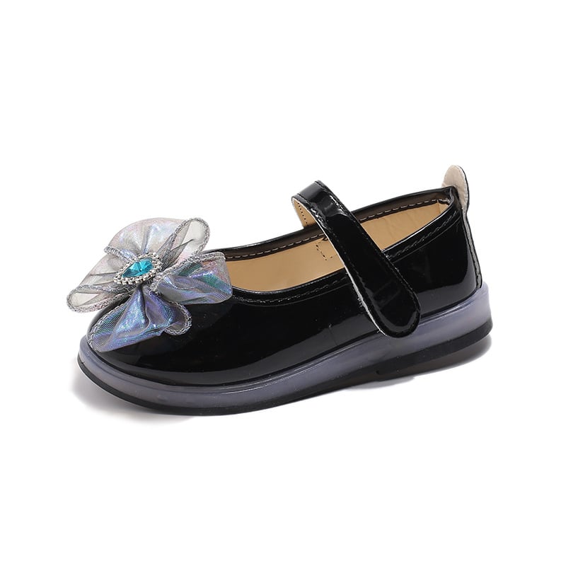 Tüdrukute printsessikingad 2025. aasta kevadel uued välklambiga helendava lipsuga rhinestones väikese tüdruku kingad ruudukujulise suuga väikesed nahast kingad