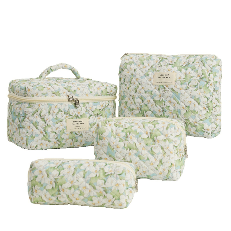 Lielas ietilpības stepēta kosmētikas soma ar ziedu rakstu, četrdaļīgs komplekts, pārnēsājams kokvilnas auduma zīmuļu maciņš, trīsdaļīgs ceļojumu komplekts