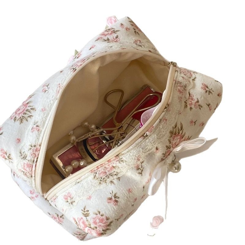 Изящна козметична чантичка с дантелени ръбове, персонализирана панделка, флорална козметична чантичка от плат с голям капацитет и цип