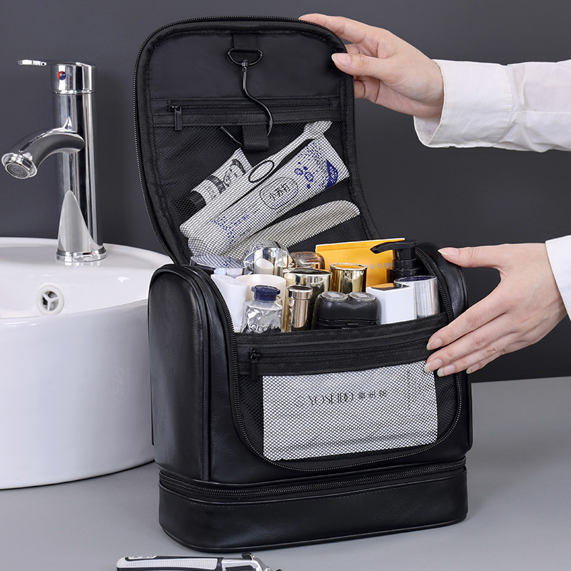 Naujas daugiafunkcis didelės talpos dvisluoksnis pakabinamas PU vyriškas prausimosi krepšys kelioniniam nešiojamam kosmetikos laikymo krepšiui