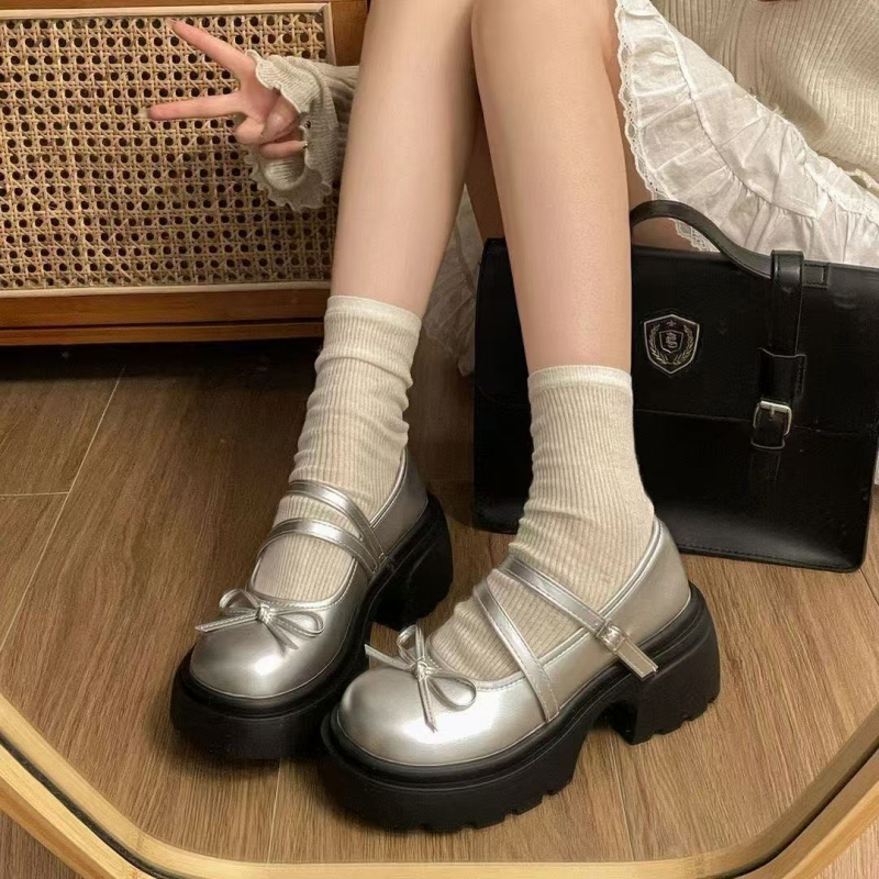 Pantofi Mary Jane cu toc gros și talpă groasă, cu fundă franceză, pentru femei, mocasini versatile în stil retro britanic de vară pentru femei
