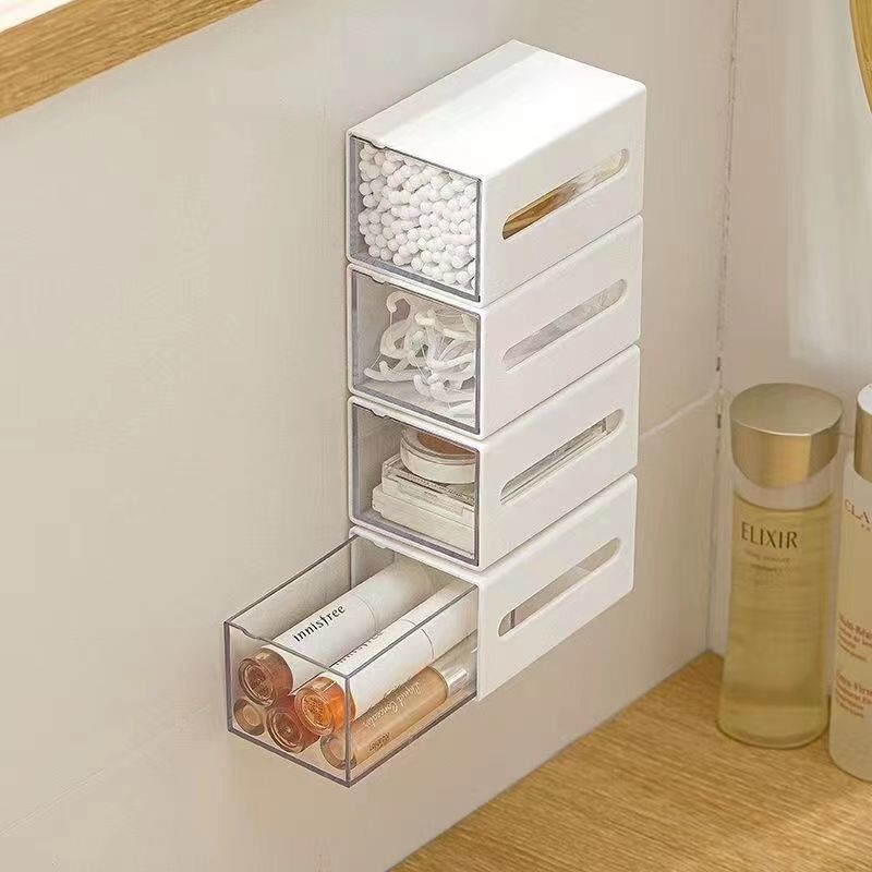 Suport de depozitare cosmetice, montat pe perete, cutie de depozitare din bumbac pentru cosmetice, transparent, cu bețișor de bumbac pentru baie, cu oglindă, mini sertar