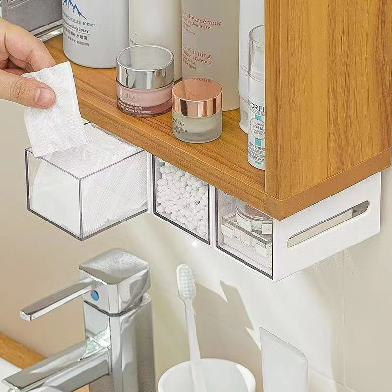 Стенен шкаф за съхранение на козметика, кутия за съхранение на козметика, прозрачна кутия за баня с памучен тампон, огледален шкаф с мини чекмедже