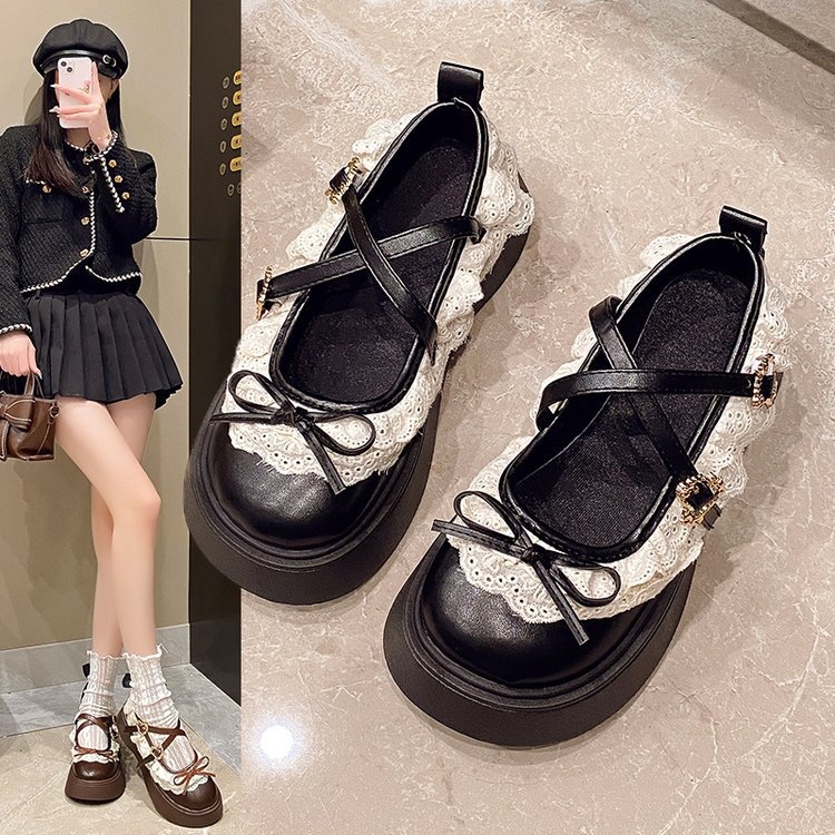 Малки кожени обувки с дебела подметка за жени, дантела Лолита 2025, пролет и лято, нов стил с панделка, съответстваща пола, обувки Мери Джейн