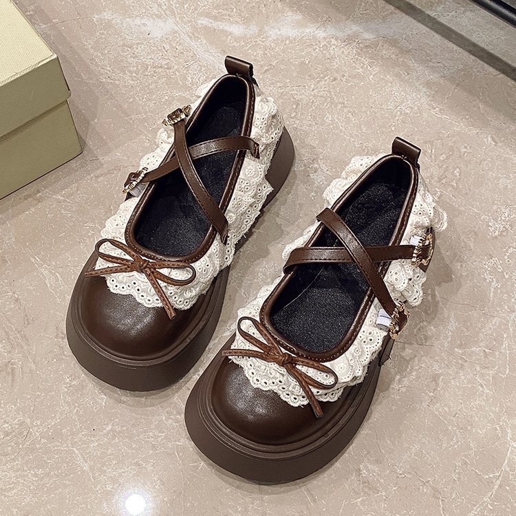 Малки кожени обувки с дебела подметка за жени, дантела Лолита 2025, пролет и лято, нов стил с панделка, съответстваща пола, обувки Мери Джейн