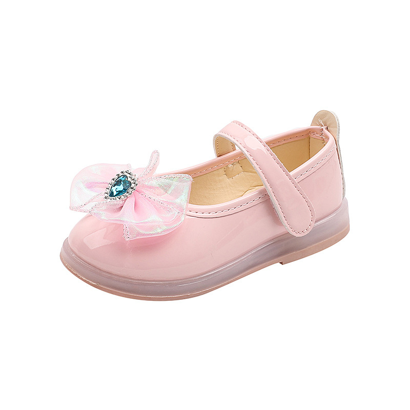 Meiteņu princeses apavi 2025. gada pavasarī un rudenī, jauni, zibspuldzes gaismā mirdzoši bantītes ar rhinestones formas mazo meiteņu apavi kvadrātveida mutē mazi ādas apavi