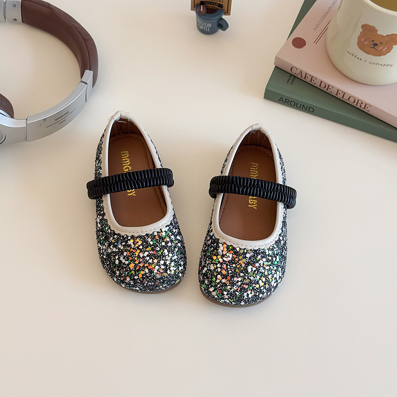 Малки детски кожени обувки, Обувки за момичета, Нов стил пролет-есен 2025, Пайети с ластик за малки момичета, Бебешки принцеси обувки