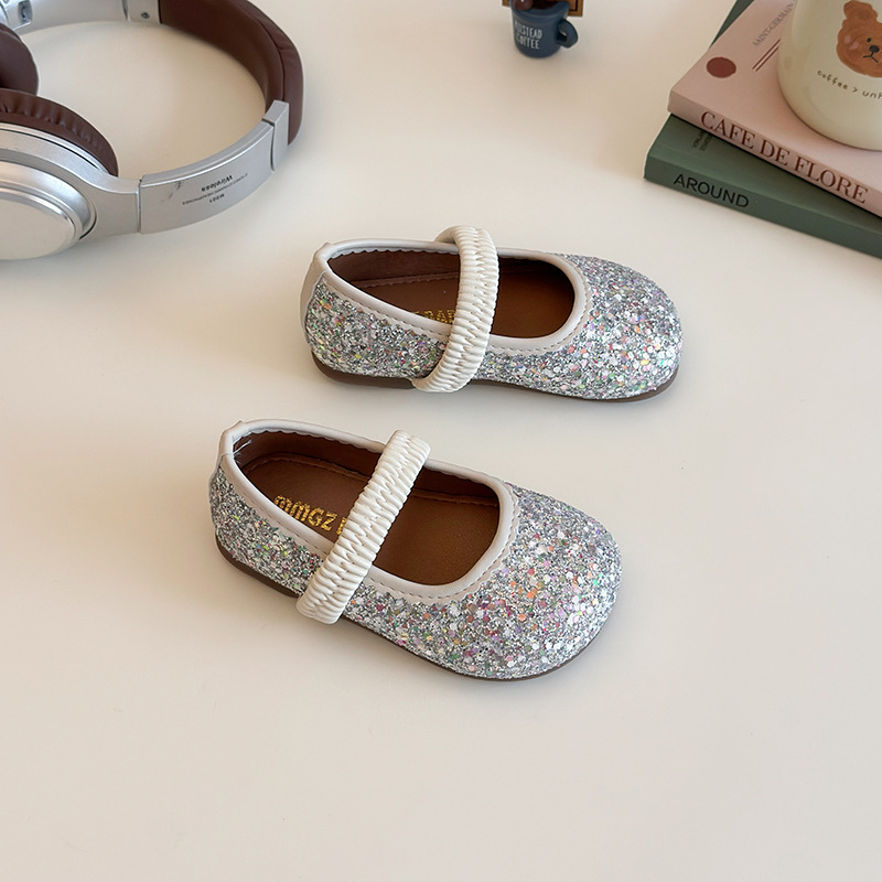 Малки детски кожени обувки, Обувки за момичета, Нов стил пролет-есен 2025, Пайети с ластик за малки момичета, Бебешки принцеси обувки