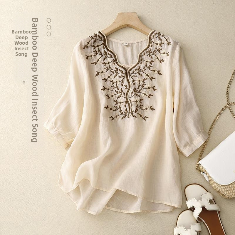 Dámsky letný top z bavlny a ľanu s výšivkou, voľný dizajn, sense niche, bavlnená a ľanová košeľa, malá košeľa, nové 2023