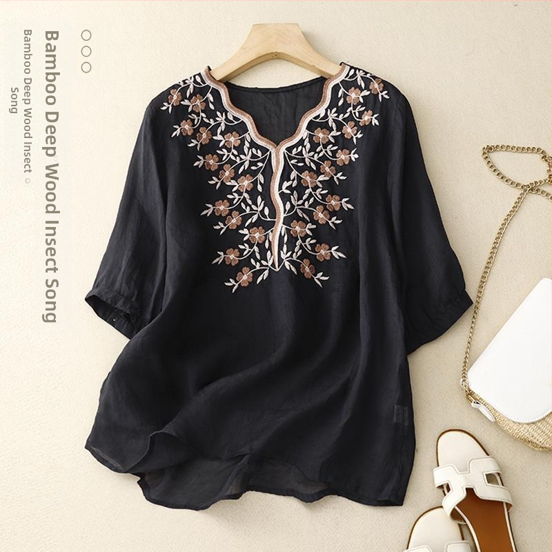 Dámsky letný top z bavlny a ľanu s výšivkou, voľný dizajn, sense niche, bavlnená a ľanová košeľa, malá košeľa, nové 2023