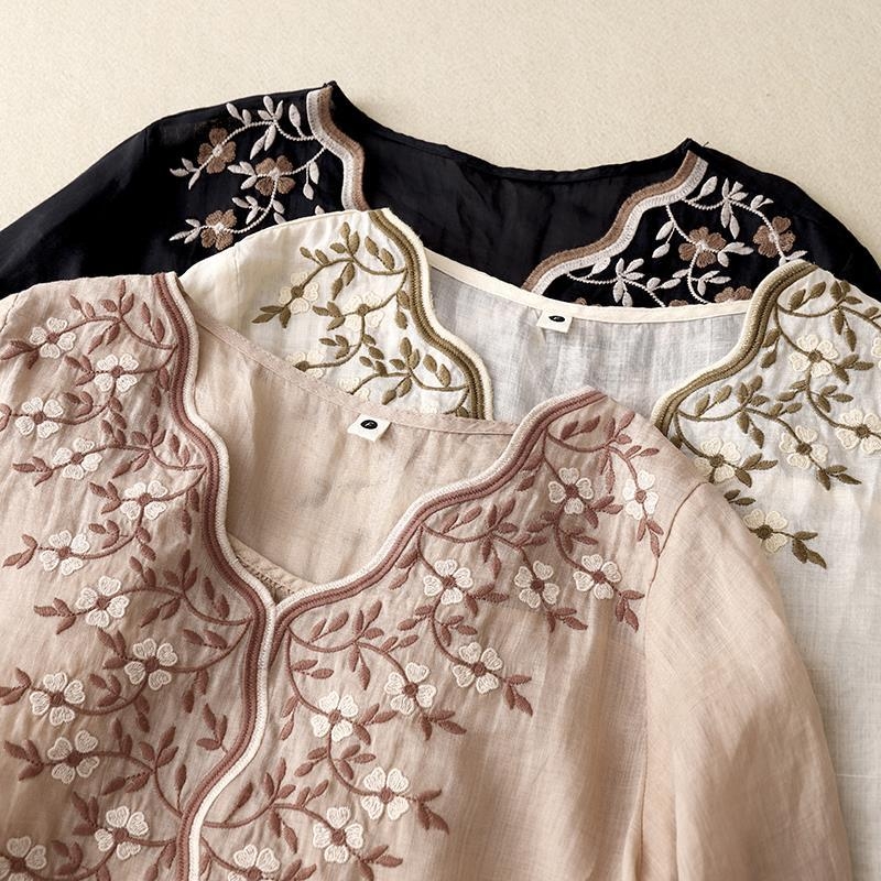 Дамски летен топ от памук и лен с бродерия, свободен дизайн, sense niche, риза от памук и лен, малка риза 2023, ново