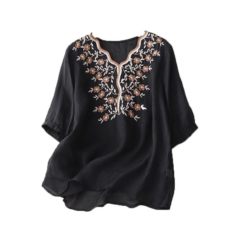 Дамски летен топ от памук и лен с бродерия, свободен дизайн, sense niche, риза от памук и лен, малка риза 2023, ново
