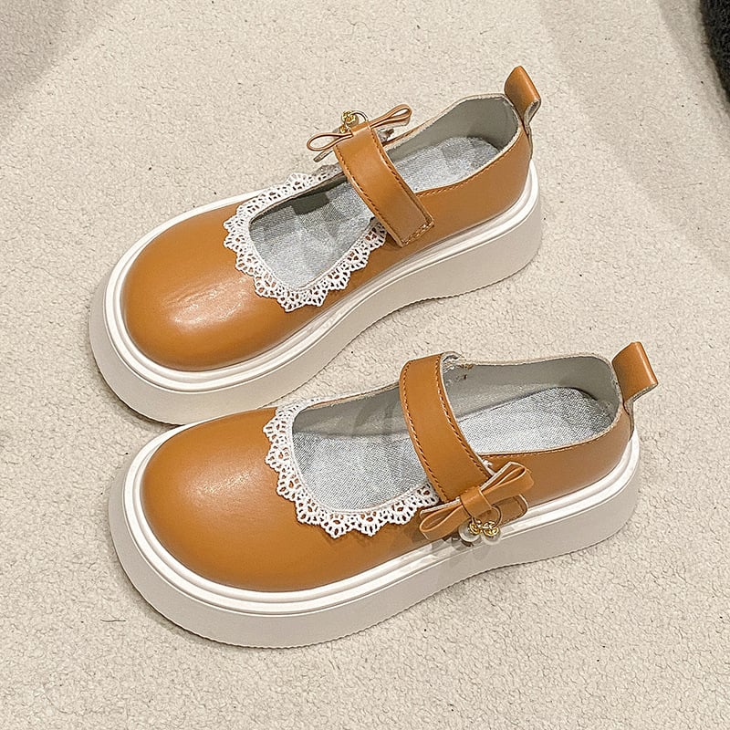 Pantofi de damă din piele cu talpă groasă și dantelă retro, 2025, primăvară și toamnă nouă, cu fuste, pantofi drăguți francezi Mary Jane