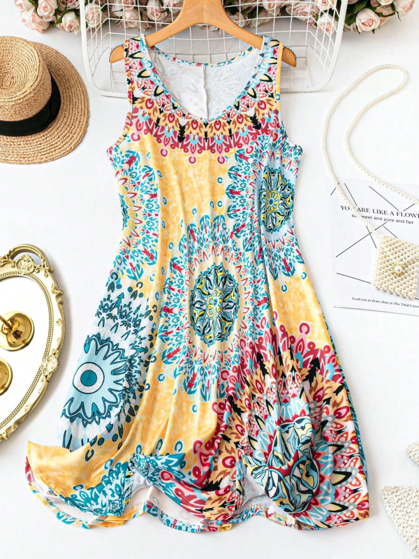 Rochie de vară nouă pentru femei, mărime plus, fără mâneci, sexy, cu decolteu în V, confortabilă, casual, imprimată, midi