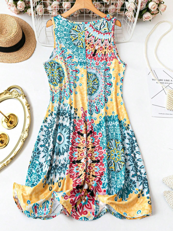 Дамска лятна нова рокля с големи размери, без ръкави, секси, с V-образно деколте, удобна, ежедневна, с щампа, миди рокля