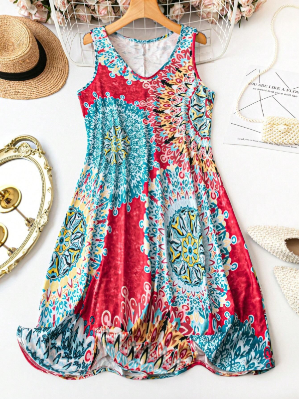 Дамска лятна нова рокля с големи размери, без ръкави, секси, с V-образно деколте, удобна, ежедневна, с щампа, миди рокля