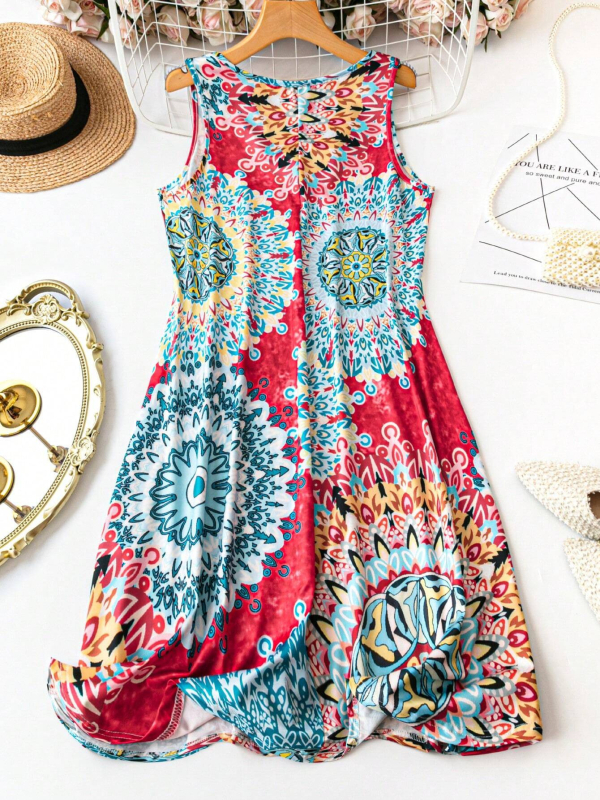 Дамска лятна нова рокля с големи размери, без ръкави, секси, с V-образно деколте, удобна, ежедневна, с щампа, миди рокля