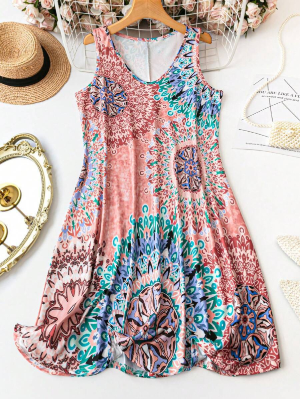 Дамска лятна нова рокля с големи размери, без ръкави, секси, с V-образно деколте, удобна, ежедневна, с щампа, миди рокля