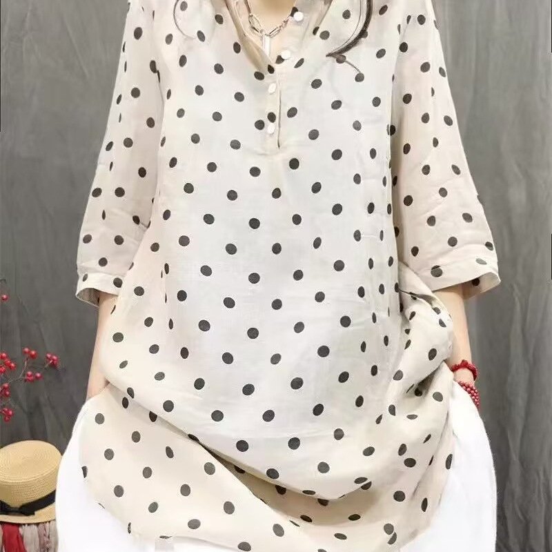 Пролет 2025 нова риза със средна дължина и ревер, поло, ежедневен топ, литературен винтидж