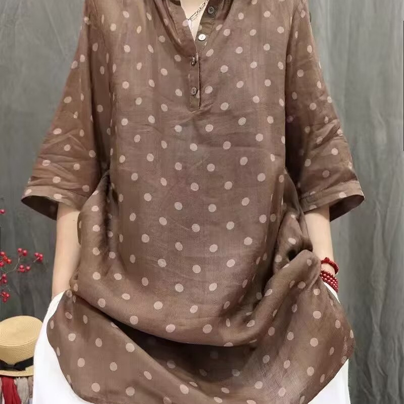 Пролет 2025 нова риза със средна дължина и ревер, поло, ежедневен топ, литературен винтидж
