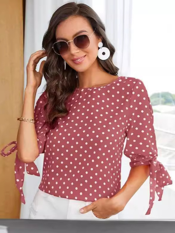 Tricou de vară pentru femei, stil european și american, cu guler rotund și imprimeu încrucișat, cu mânecă lungă și arc, Amazon Cross Border
