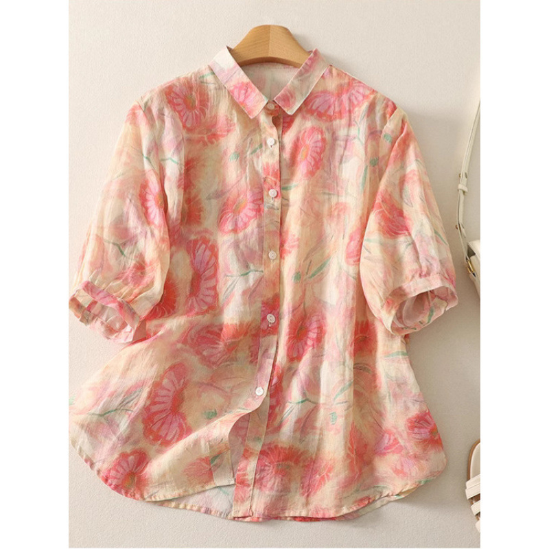 Дамска риза с цветен мастилен принт, пролетно-лятна 2025, френски ретро, висок клас, свободен топ с къс ръкав, Lar Linen