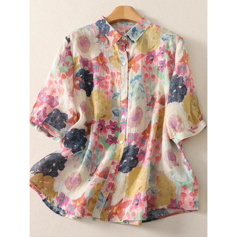 Дамска риза с цветен мастилен принт, пролетно-лятна 2025, френски ретро, висок клас, свободен топ с къс ръкав, Lar Linen