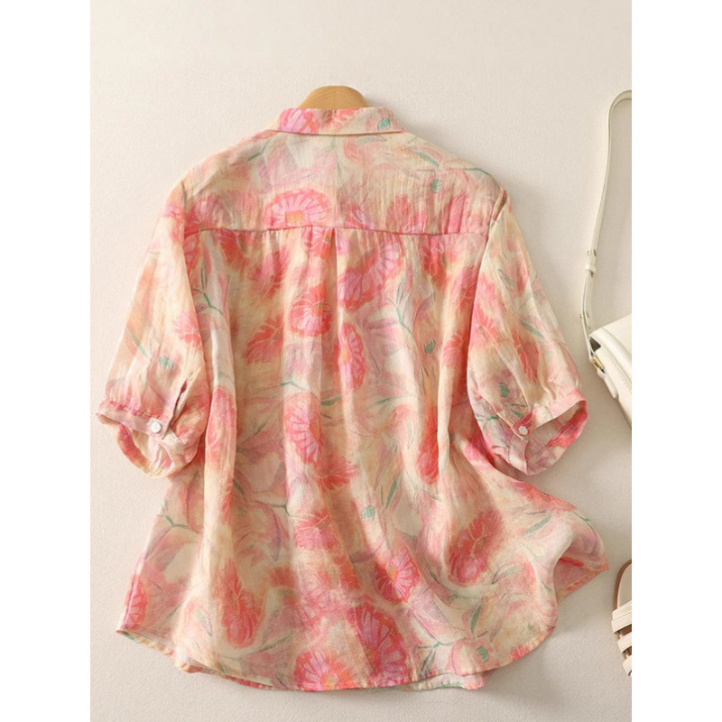 Дамска риза с цветен мастилен принт, пролетно-лятна 2025, френски ретро, висок клас, свободен топ с къс ръкав, Lar Linen