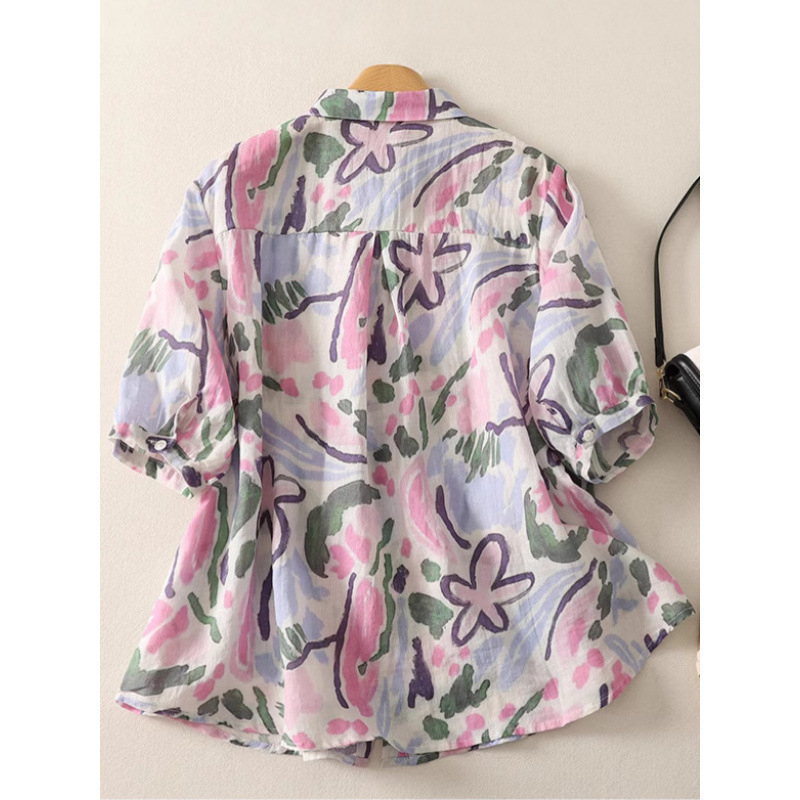 Дамска риза с цветен мастилен принт, пролетно-лятна 2025, френски ретро, висок клас, свободен топ с къс ръкав, Lar Linen