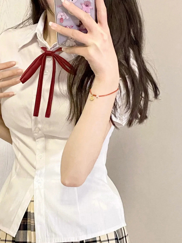 Vienkrāsains jak tauriņa kaklasaites apkakle ar virvi meitenei japāņu koledžas stilā ar mazām lentītēm, jauks universāls krekls ar aksesuāriem bez perforatoriem