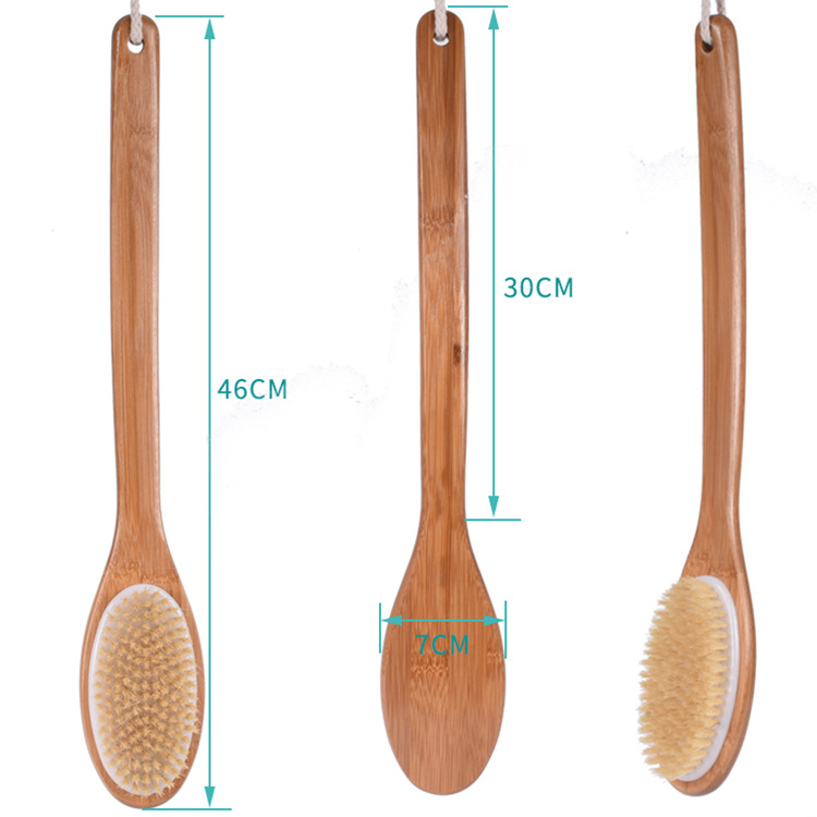 Суха четка за вана за тяло и гръб, четка за вана с дълга дървена дръжка, подобрява лимфната и кръвообращението, суха четка