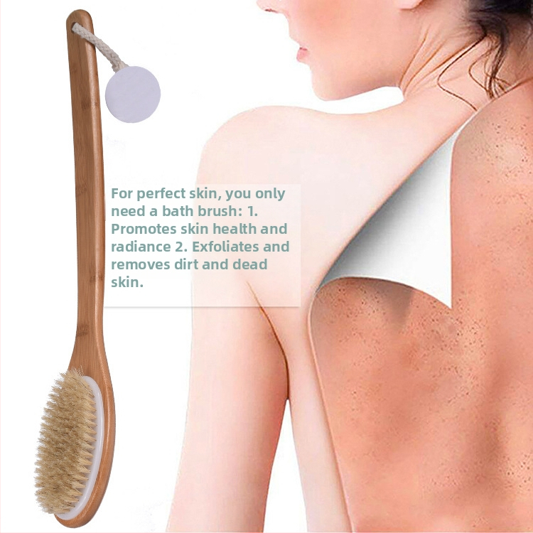 Suchá kúpeľová kefa na telo a chrbát, kúpeľová kefa s dlhou drevenou rukoväťou, zlepšuje lymfatický obeh a podporuje krvný obeh, suchá kefa