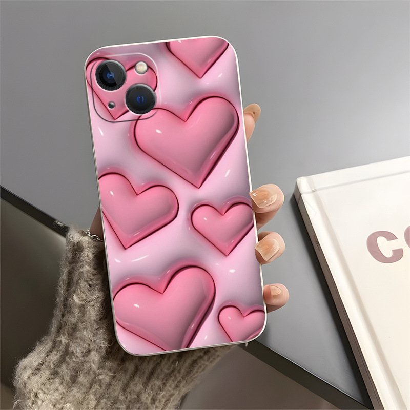 Carcasă 2D roz cu inimă, margini drepte, albă, potrivită pentru Apple 16Promax, carcasă moale anti-cădere, simplă, colorată, inimă 15