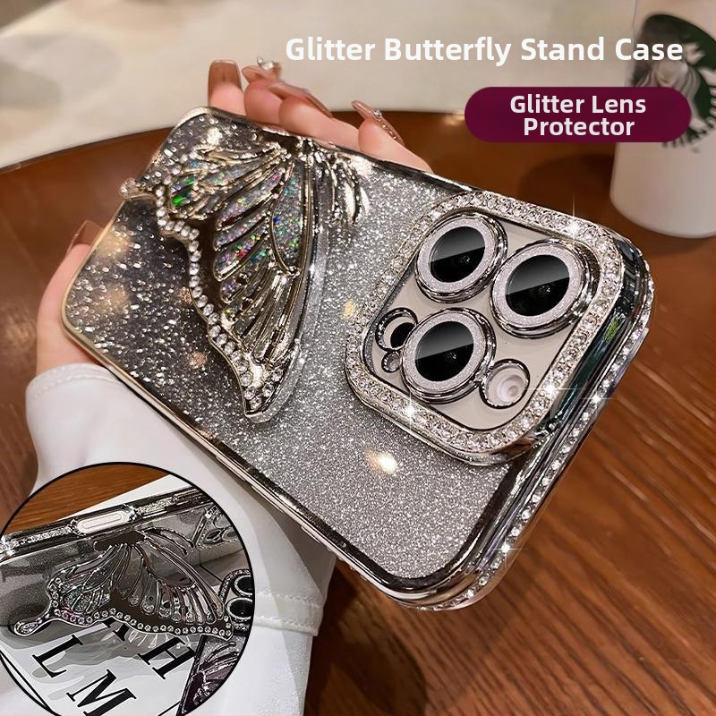 Quicksand Butterfly sobib Apple 17Promax mobiiltelefoni ümbris Iphone 16 Elegantne sädelev 15 Läbipaistev 14 Rhinestone 13