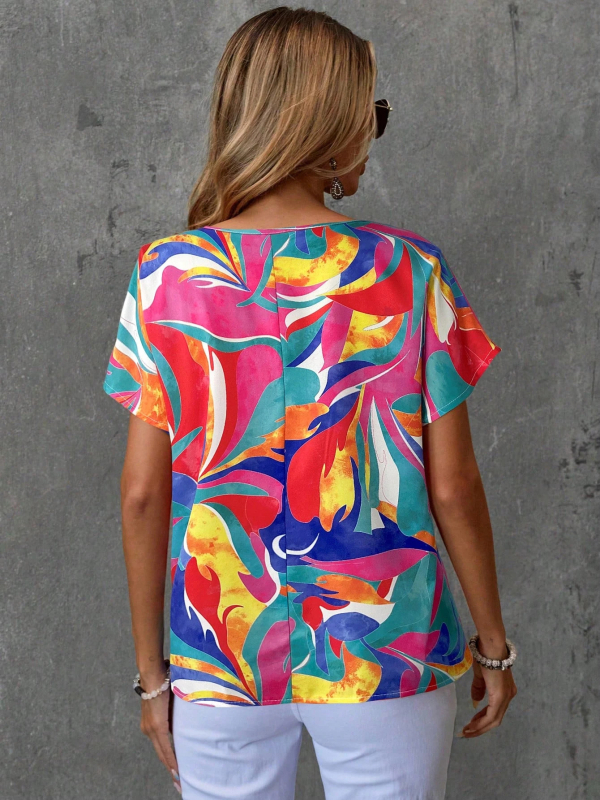 2025 Европейска и американска трансгранична дамска AliExpress къс ръкав Нова многоцветна лятна тениска с щампа на външната търговия Amazon Crewneck Top