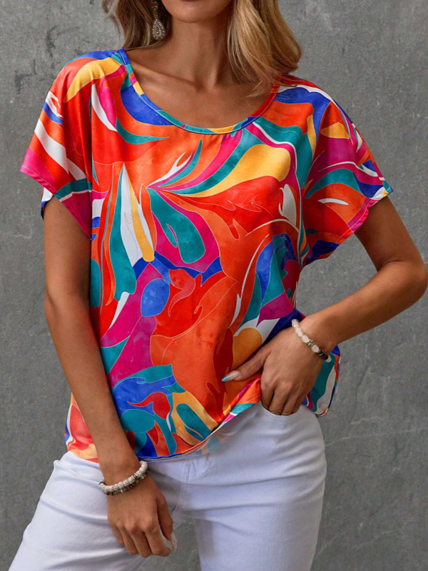 2025 Европейска и американска трансгранична дамска AliExpress къс ръкав Нова многоцветна лятна тениска с щампа на външната търговия Amazon Crewneck Top