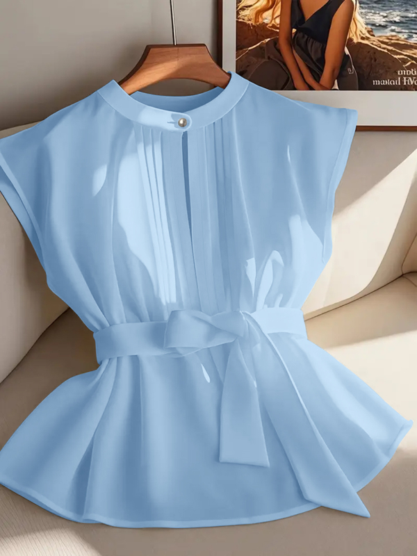 Лятна готова европейска и американска трансгранична дамска независима станция, класическа елегантна чистоцветна плисирана риза без ръкави с колан