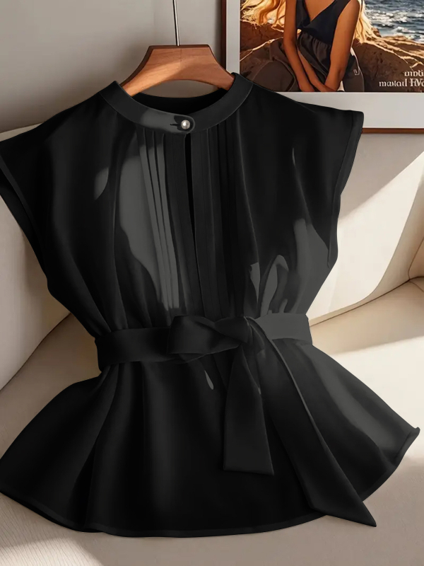 Лятна готова европейска и американска трансгранична дамска независима станция, класическа елегантна чистоцветна плисирана риза без ръкави с колан