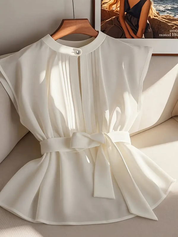 Лятна готова европейска и американска трансгранична дамска независима станция, класическа елегантна чистоцветна плисирана риза без ръкави с колан