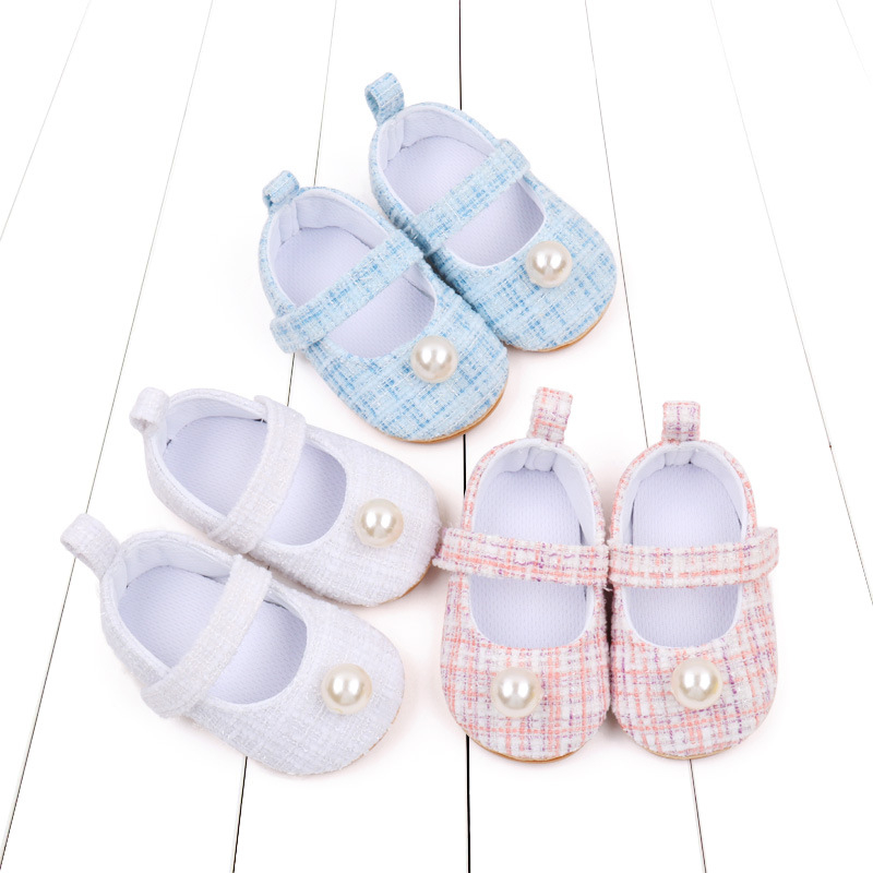 Pantofi sport pentru bebeluși, cu o singură baretă, cu talpă moale și antiderapantă, model prințesă, 3-6-12 luni, în carouri cu perle, BJZ7084